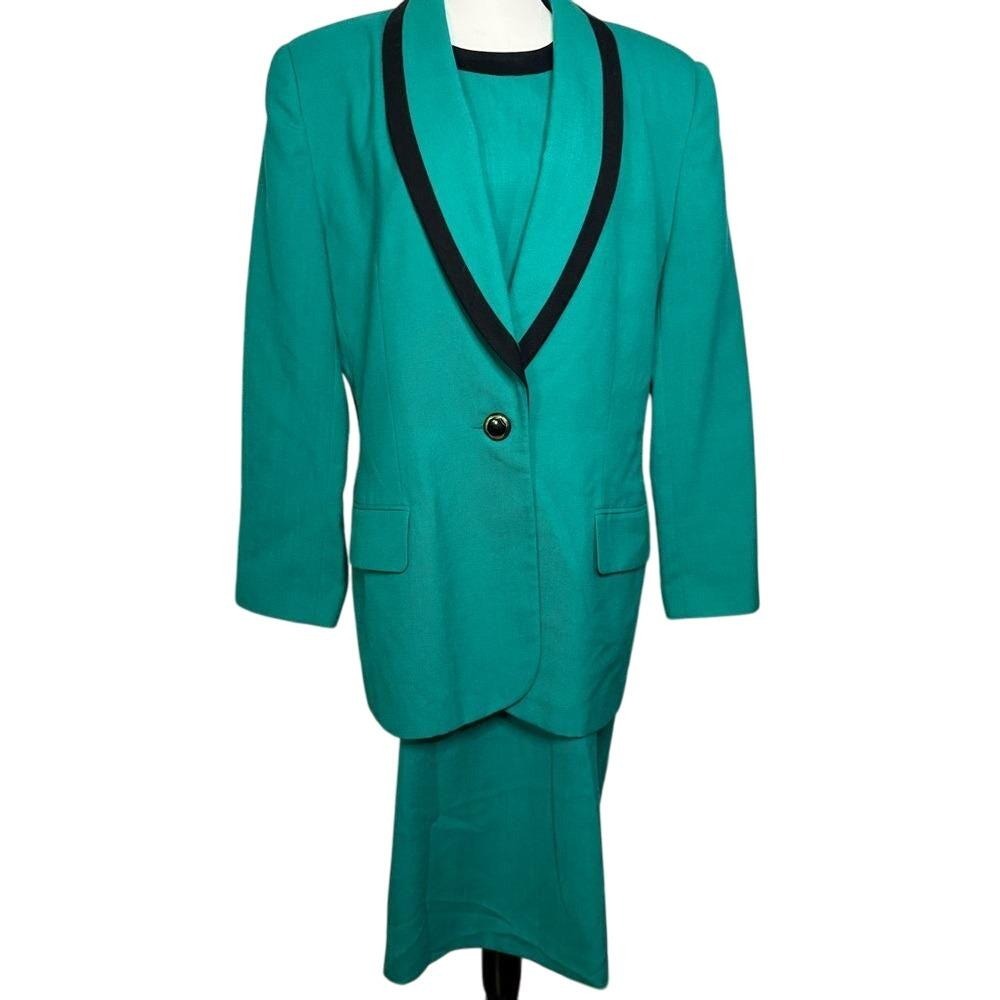 Vintage 80s/90s Oleg Cassini Teal Black Power‎ Suit/Dress Size 14/16 XL